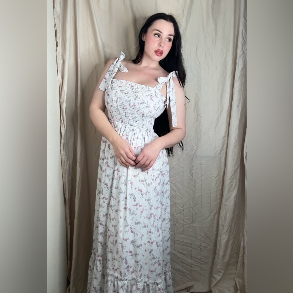 Floral Tie-Shoulder Maxi Dress in White and Pink